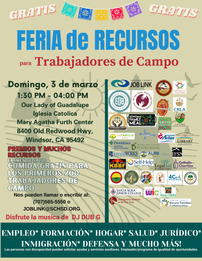 Feria de Recursos para Trabajadores de Campo Domingo, 3 de Marzo 1:30-4pm Our Lady of Guadalupe Iglesia Catolica Windsor CA